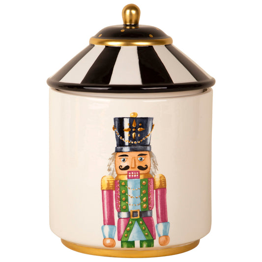 95oz Rnd Canister W-Nutcracker Design W-Blk-Wht Stripe Lid