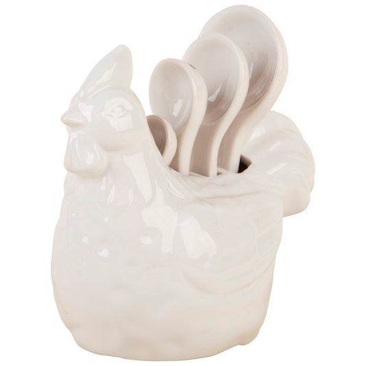 4 Piece Measuring Spoon Set In Figural Rooster Holder