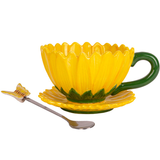 12 Oz Figural Sunflower Teacup W-Saucer And Spoon